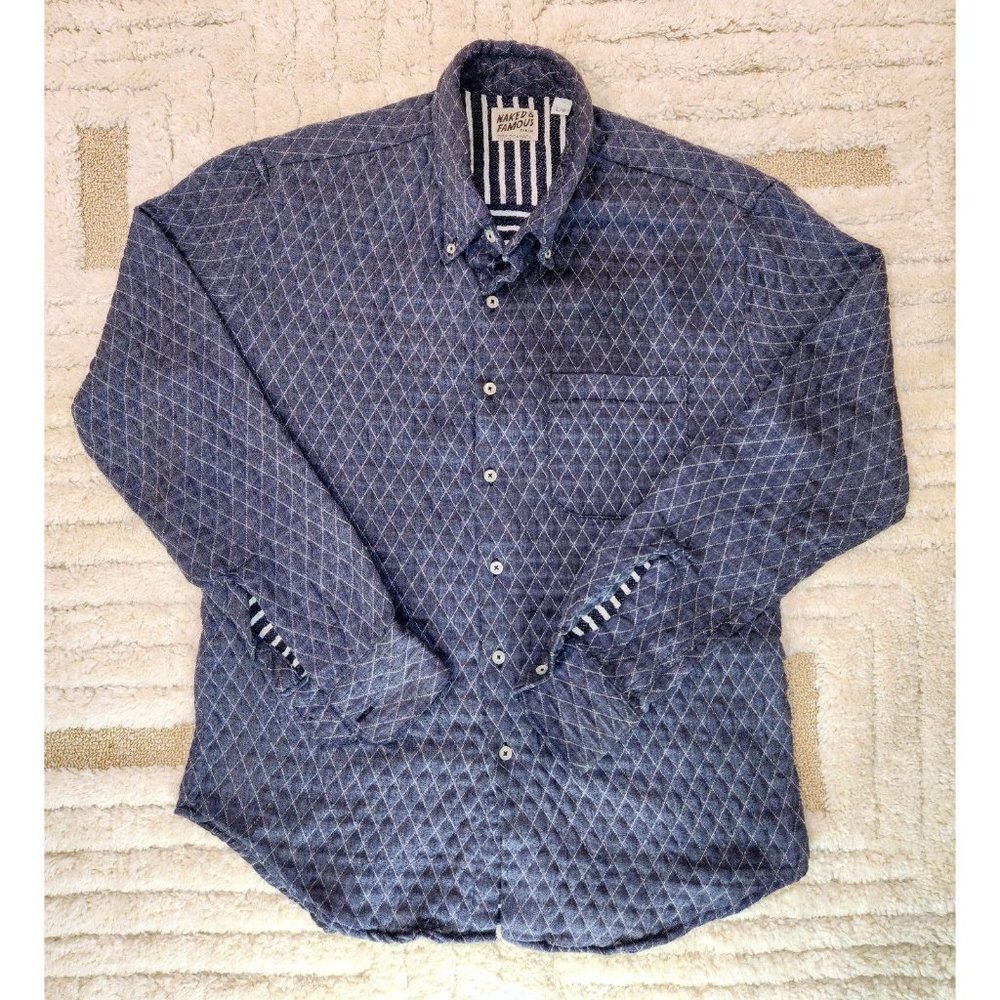 Naked and Famous Shirt large Button Up quilted Japanese Cotton Made in Canada L
